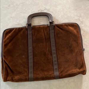 Brown Suede with leather trim laptop bag.  Lovely patterned interior zip pocket